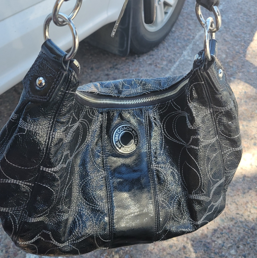 Y2K Coach Black Hobo Bag with Glossy Leather and Silver Hardware